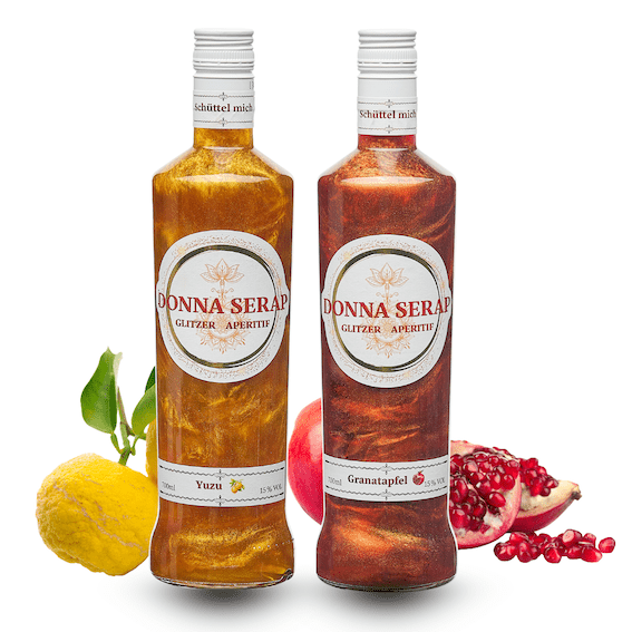 Spritz, Aperitif, Aperitivo, Glitzer Spritz, glitter Sprit, Donna Serap., Granatapfel, Yuzu, aperol, campari.