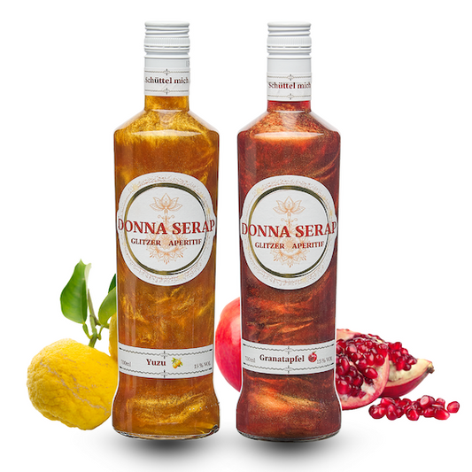 Spritz, Aperitif, Aperitivo, Glitzer Spritz, glitter Sprit, Donna Serap., Granatapfel, Yuzu, aperol, campari.