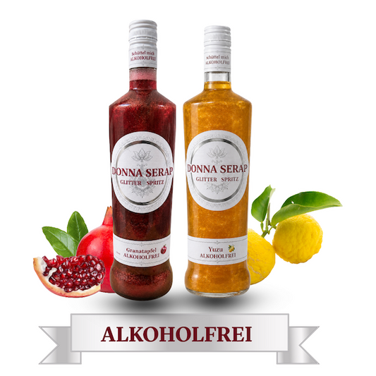 Spritz, Aperitif, Aperitivo, Glitzer Spritz, glitter Sprit, Donna Serap., Granatapfel, Yuzu, aperol, campari, Alkoholfrei.