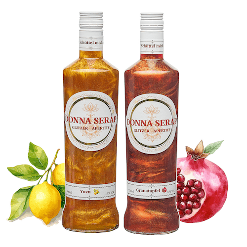 Spritz, Aperitif, Aperitivo, Glitzer Spritz, glitter Sprit, Donna Serap., Granatapfel, Yuzu, aperol, campari.